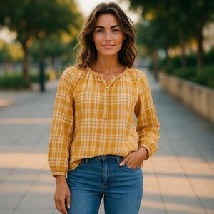 Universal Thread Yellow & White Square Pattern Long Sleeve Blouse – Size S, M,L